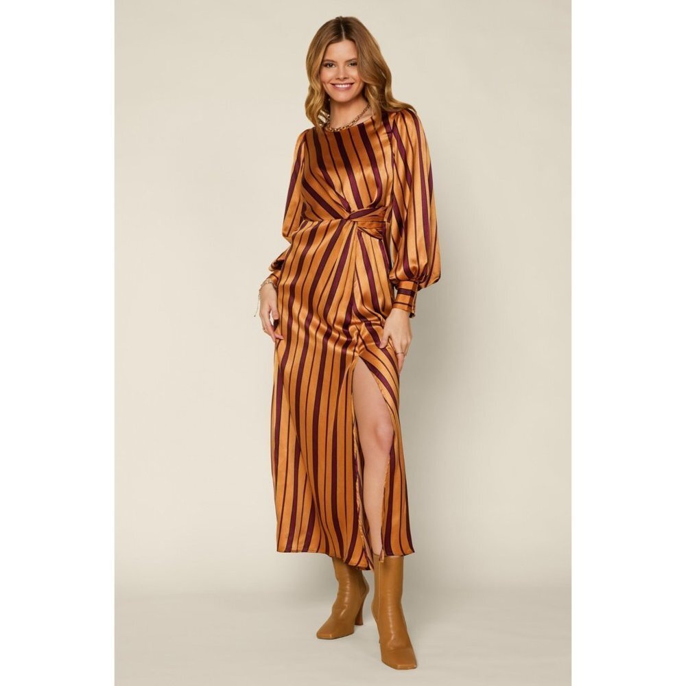 Skies are Blue Womens Maxi DressXS Camel Burgundy Stripe Puff Sleeve Side Slit - Picture 1 of 10
